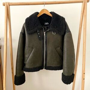 Zara Dark Green Teddy Jacket with Black Accents